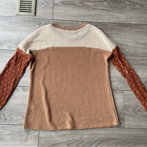 Lemon Tree Patchwork Earth Tone Long  Sleeve Top - Picture 12 of 14